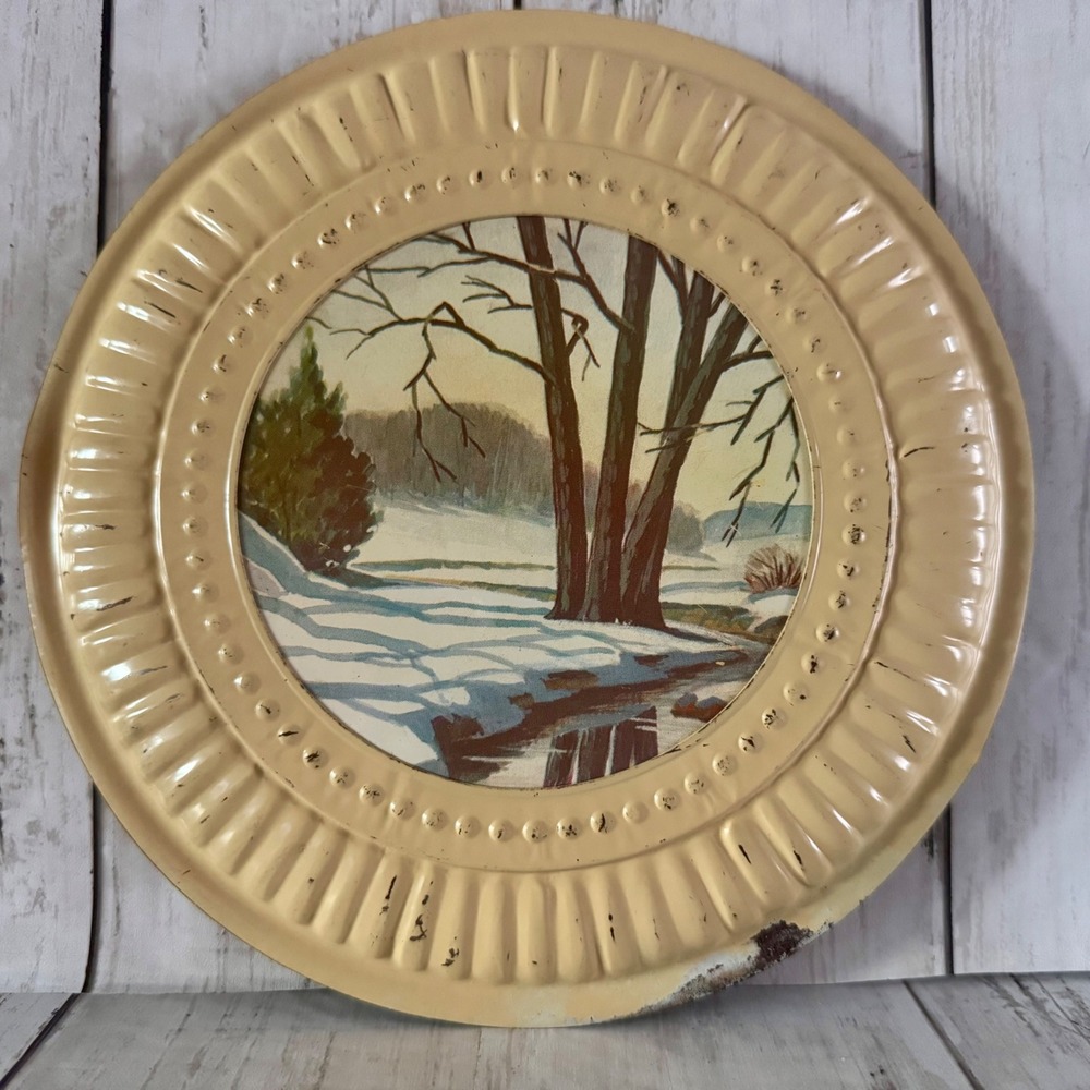 Vintage 1950s  8" Chimney Wood Burning Metal Flue Cover Nature Snow Trees Winter